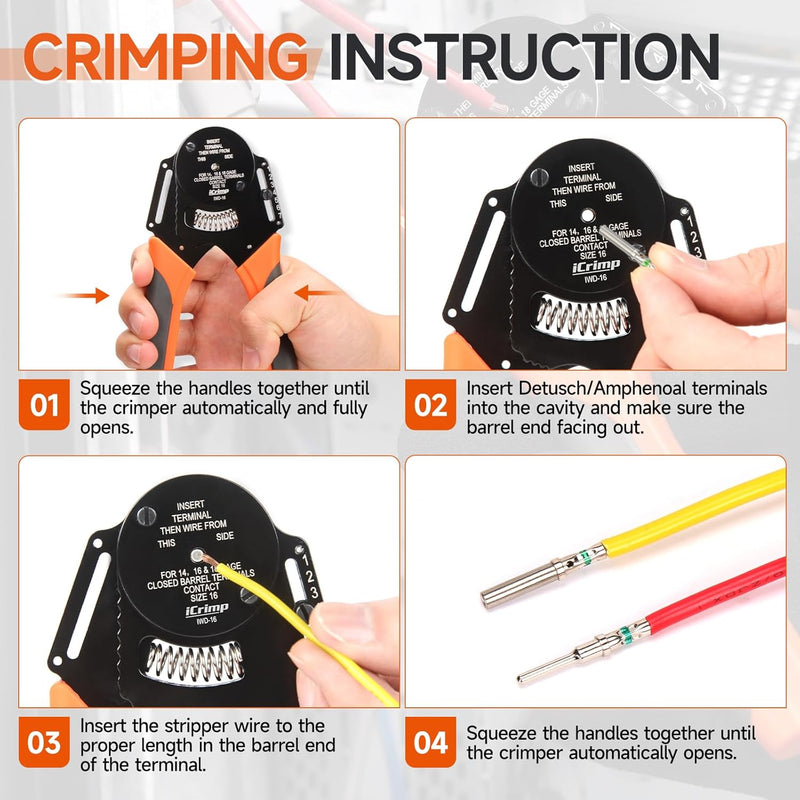 IWD-16 DT125 KIT Closed Barrel Crimper 4 Way Indent,8 Impression Type Deutsch Crimper for Solid Contacts Gage 14,16&18(IWD-16) with DT Connector Kit Hand Crimping Pliers iCrimp
