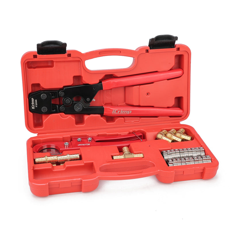 KG1096F PEX Clamp Tool Kit for 3/8 to 1 inch PEX Cinch Clamps with 30Pcs Stainless Steel Clamps, 12Pcs PEX Brass Fittings PEX Pipe Tools iCrimp