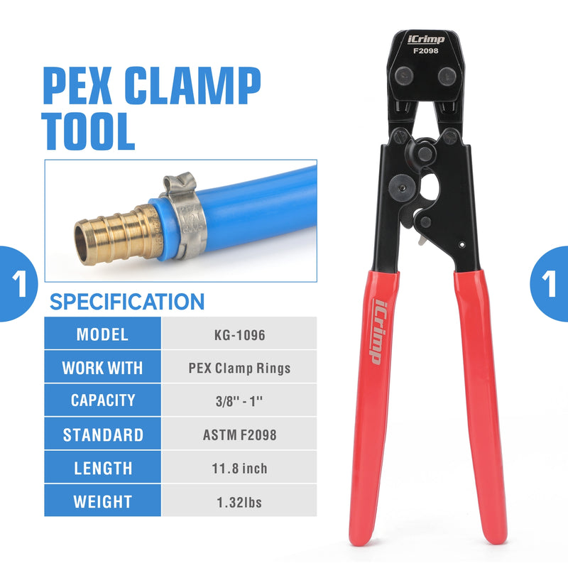 KG1096F PEX Clamp Tool Kit for 3/8 to 1 inch PEX Cinch Clamps with 30Pcs Stainless Steel Clamps, 12Pcs PEX Brass Fittings PEX Pipe Tools iCrimp