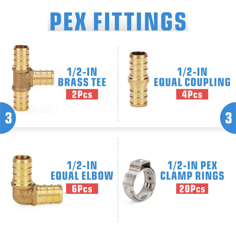 KG1096F PEX Clamp Tool Kit for 3/8 to 1 inch PEX Cinch Clamps with 30Pcs Stainless Steel Clamps, 12Pcs PEX Brass Fittings PEX Pipe Tools iCrimp
