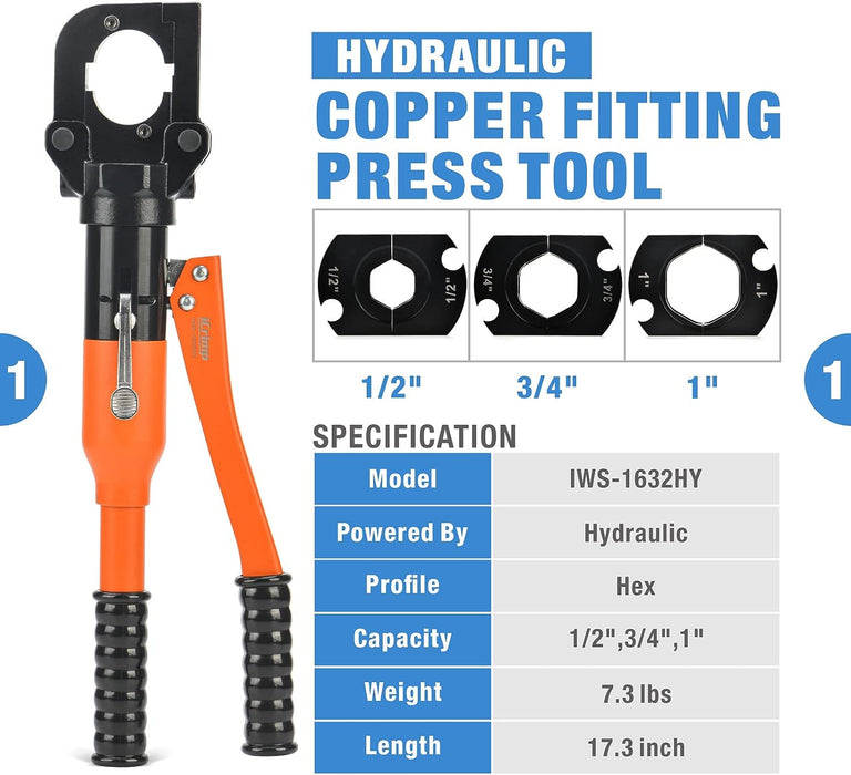KIT-1632HY Hydraulic Copper Tubing Press Tool Kit for 1/2-in, 3/4-in, —  IWISS TOOLS