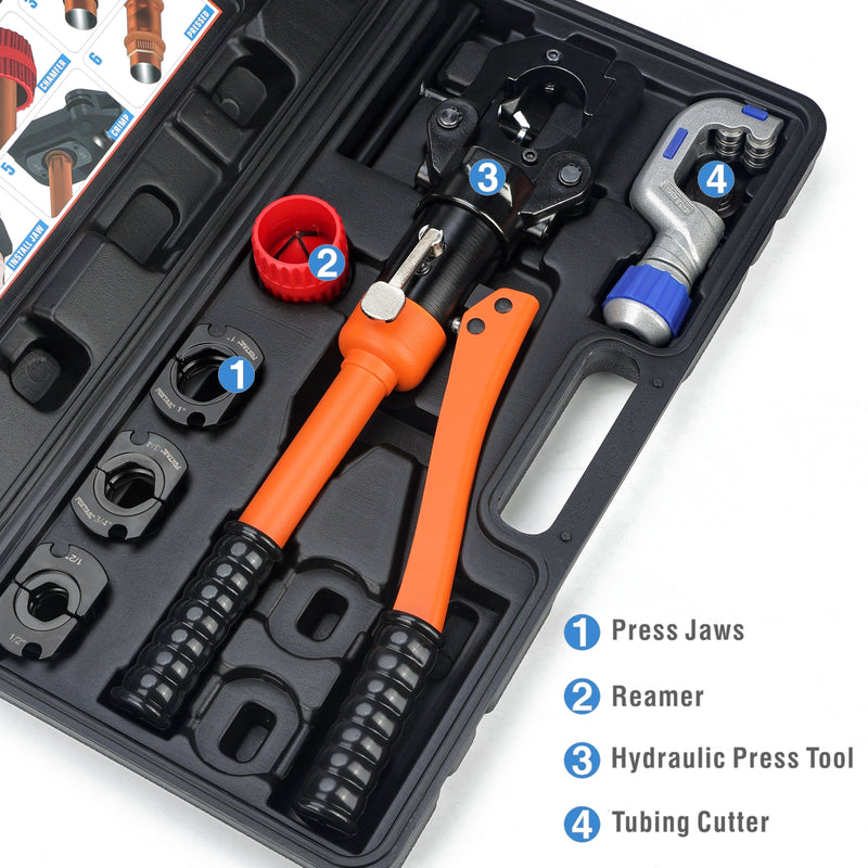 KIT-1632HY Hydraulic Copper Tubing Press Tool Kit for 1/2-in, 3/4-in, 1-in Propress Copper Fittings, Copper Tubing Cutter & Chamfer Tool Included Copper Pipe Tools iCrimp