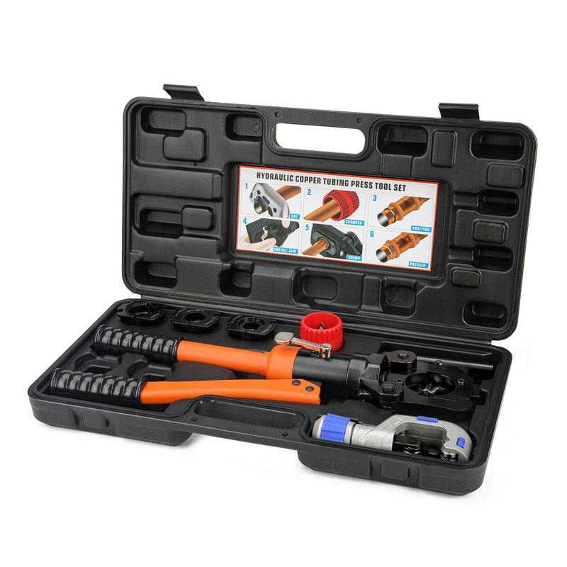 KIT-1632HY Hydraulic Copper Tubing Press Tool Kit for 1/2-in, 3/4-in, 1-in Propress Copper Fittings, Copper Tubing Cutter & Chamfer Tool Included Copper Pipe Tools iCrimp