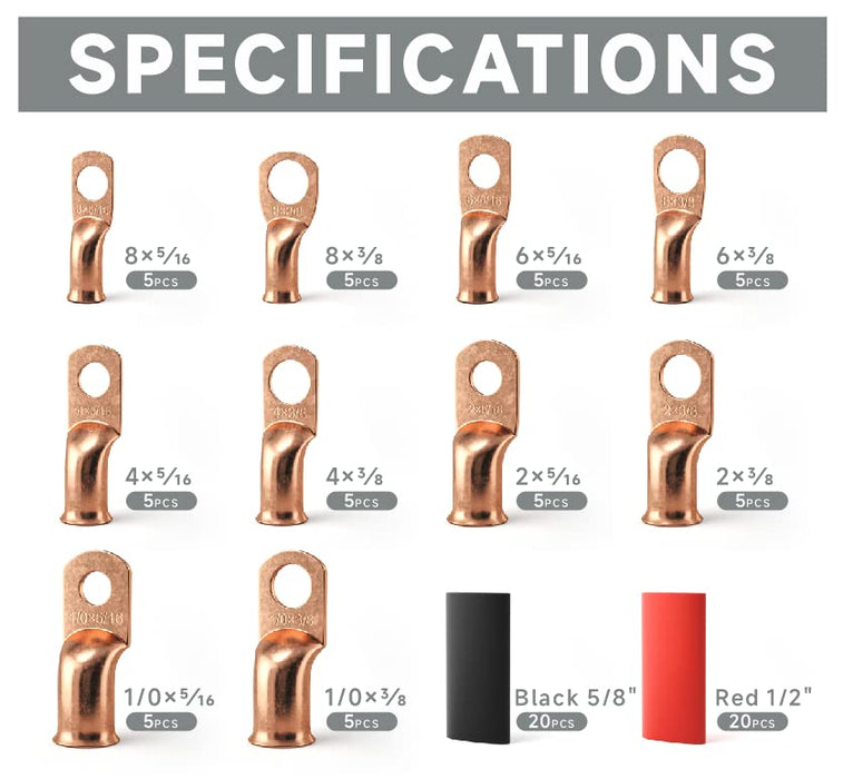 KIT-90C Copper Battery Lugs Assortment Cable Lugs for AWG 8, 6, 4, 2, 1/0 w/Heat Shrink Tubes -90PCS