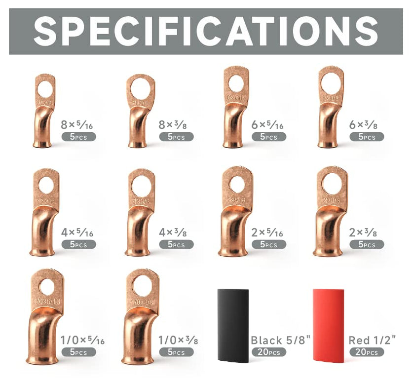 KIT-90C Copper Battery Lugs Assortment Cable Lugs w/Heat Shrink Tubes ...