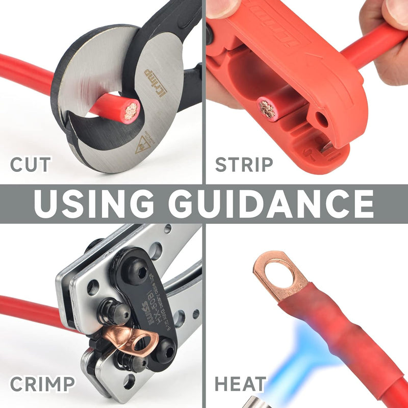 KIT-90C Copper Battery Lugs Assortment Cable Lugs for AWG 8, 6, 4, 2, 1/0 w/Heat Shrink Tubes -90PCS Wire Terminal Kits IWISS