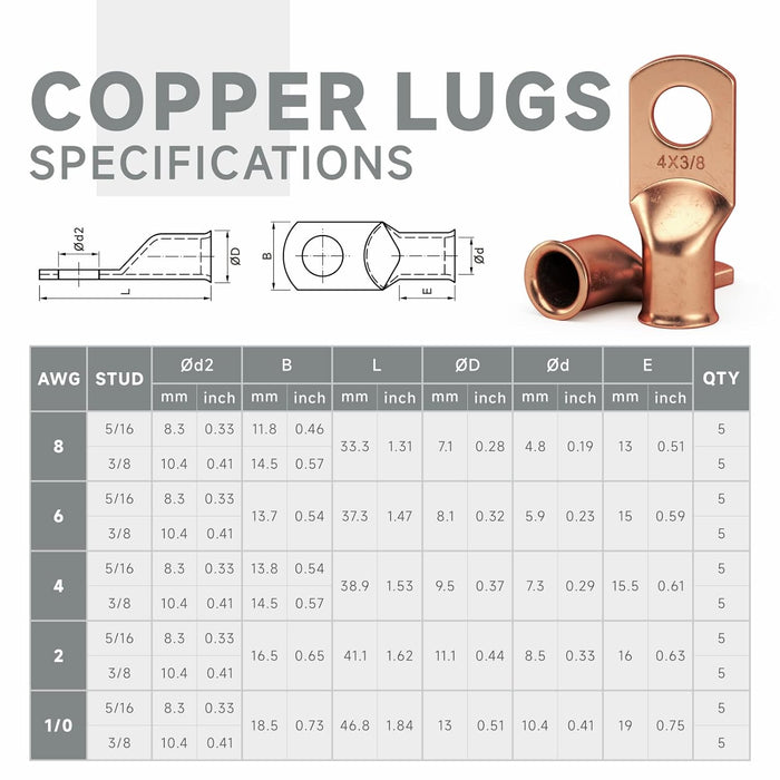 KIT-90C Copper Battery Lugs Assortment Cable Lugs for AWG 8, 6, 4, 2, 1/0 w/Heat Shrink Tubes -90PCS