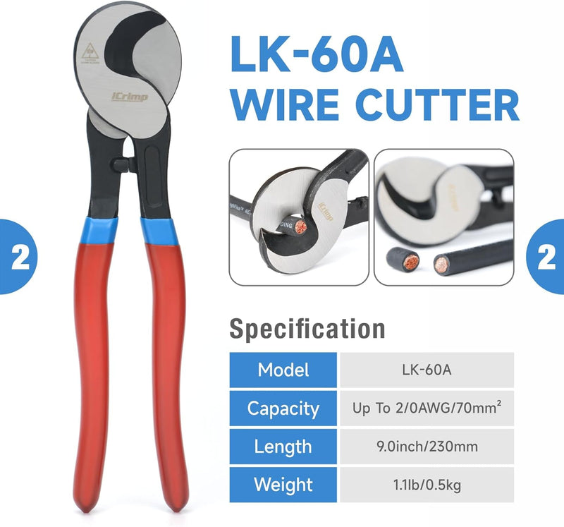 IWS-50BN Kit Battery Cable Lug Crimping Tool Kit for AWG 8-1/0 Electrical Lug with cable cutter & Stripper Hand Crimping Pliers IWISS TOOLS