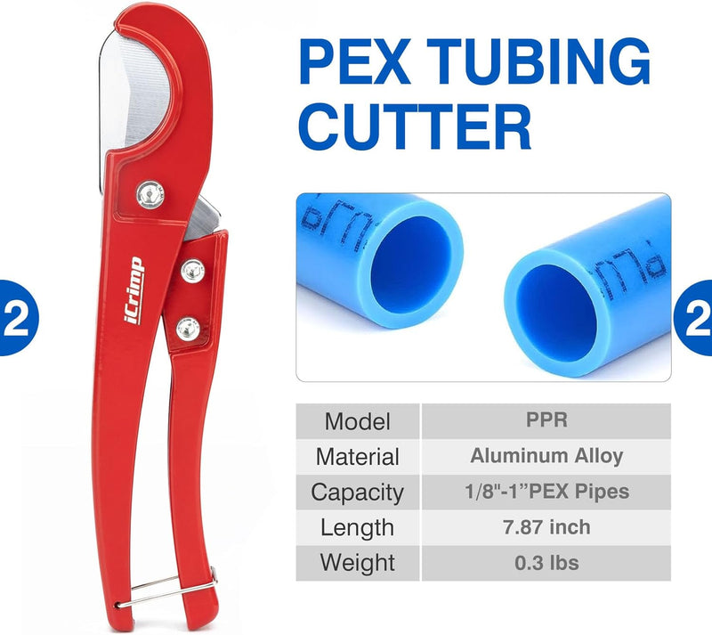 PC-CRP1096 PEX Clamp Tool Kit for 3/8-in, 1/2-in, 3/4-in, 1-in PEX Clamp Cinch & Removal, c/w 1/2''(20 Pack) and 3/4''(10 Pack) PEX Clamp Rings, PEX Tubing Cutter PEX Pipe Tools iCrimp