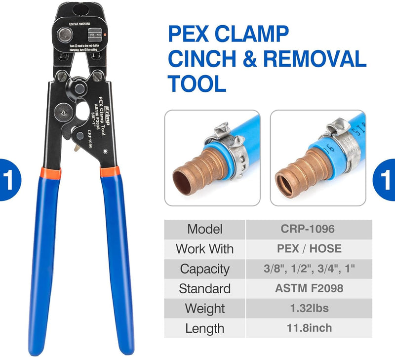 PC-CRP1096 PEX Clamp Tool Kit for 3/8-in, 1/2-in, 3/4-in, 1-in PEX Clamp Cinch & Removal, c/w 1/2''(20 Pack) and 3/4''(10 Pack) PEX Clamp Rings, PEX Tubing Cutter PEX Pipe Tools iCrimp