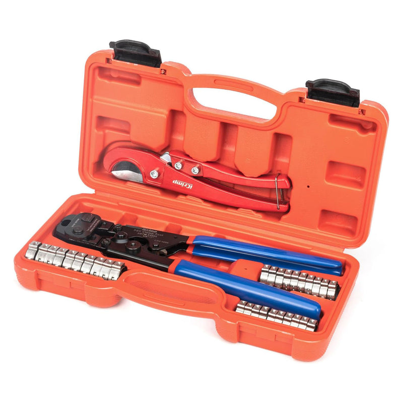 PC-CRP1096 PEX Clamp Tool Kit for 3/8-in, 1/2-in, 3/4-in, 1-in PEX Clamp Cinch & Removal, c/w 1/2''(20 Pack) and 3/4''(10 Pack) PEX Clamp Rings, PEX Tubing Cutter PEX Pipe Tools iCrimp