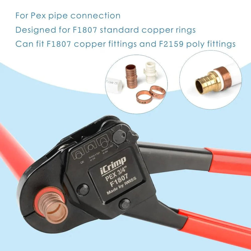 CL 3/4" ASTM F1807 PEX Pipe Crimping Tool, for 3/4-inch Copper Pex Crimps Rings, with Go/No-Go Gauge, Angled Head PEX Pipe Tools iCrimp