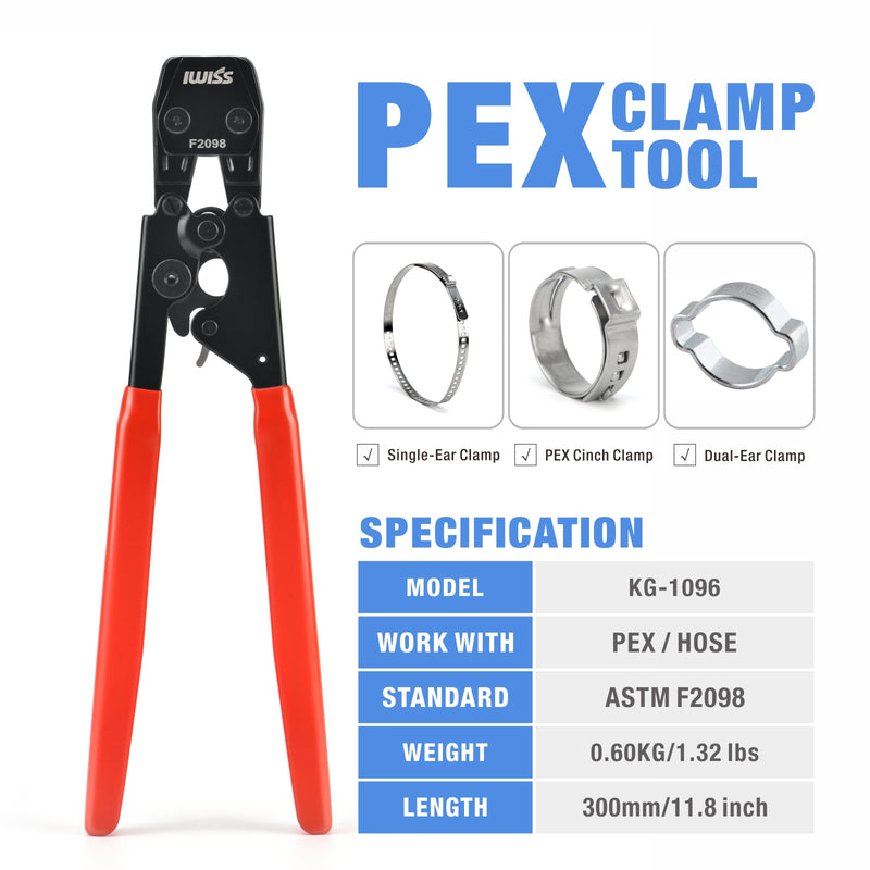 KG-1096 KIT PEX Pipe Clamp Cinch Tool Crimping Tool for Stainless Steel Clamps from 3/8-inch to 1-inch with 1/2-inch 20PCS and 3/4-inch 10PCS SS PEX Clamps PEX Pipe Tools iCrimp