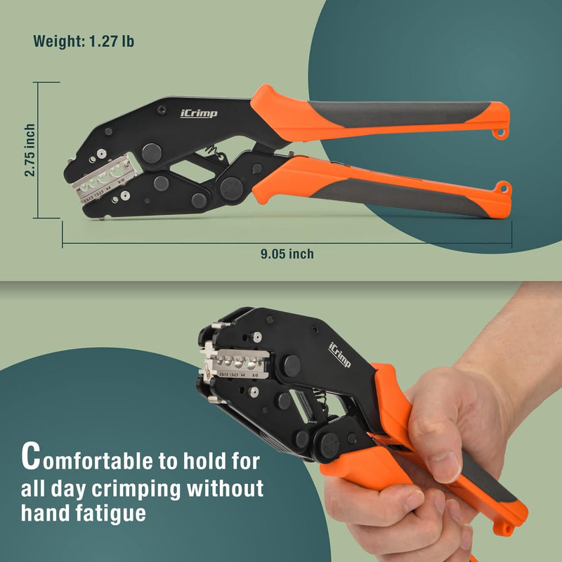 IWS-QC KIT Rachet Crimping Tool Set, Quick Change Jaws for Open Barrel Terminals, Insulated& Non-insulated Terminals, Solar Terminals, End Sleeves Ferrules- 8PCS included Hand Crimping Pliers iCrimp