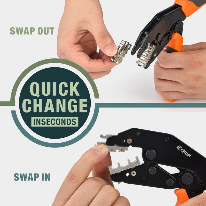 ICrimp Ratchet Crimping Tool Set With 6 Quick-Change Jaws & Wire Stripper - 8PC Kit