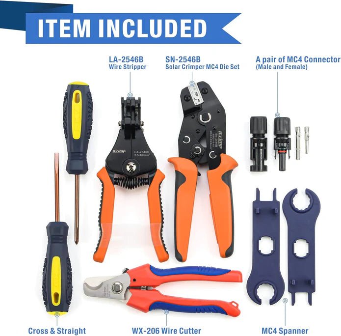 SN-2546B KIT Solar PV Cable Crimping Tool Kit for 2.5/4/6mm² with Stripper, Cutter, Solar Spanner and solar Connectors Hand Crimping Pliers iCrimp