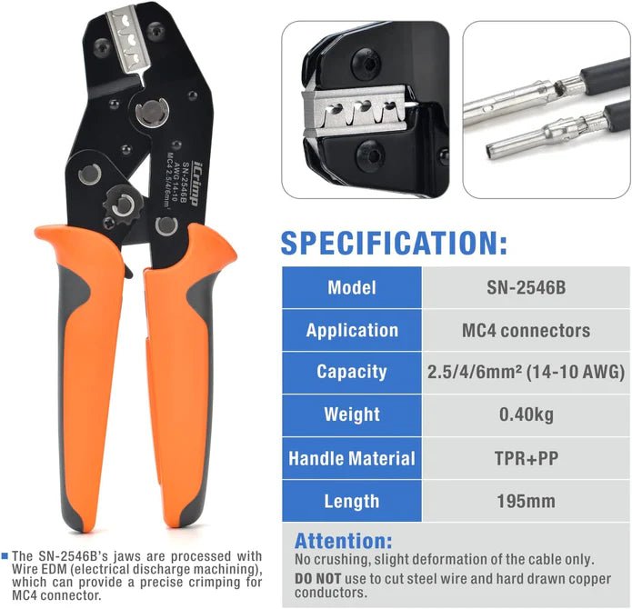 SN-2546B KIT Solar PV Cable Crimping Tool Kit for 2.5/4/6mm² with Stripper, Cutter, Solar Spanner and solar Connectors Hand Crimping Pliers iCrimp