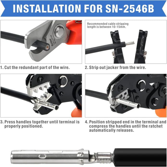 SN-2546B KIT Solar PV Cable Crimping Tool Kit for 2.5/4/6mm² with Stripper, Cutter, Solar Spanner and solar Connectors Hand Crimping Pliers iCrimp