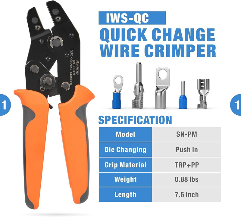 SN-PM Quick Change Ratcheting Crimper Tool Kit, Automotive Service Kit, Crimping IWS4 Connector, Insulated & Non-insulated Terminal, Dupont Connector Hand Crimping Pliers iCrimp