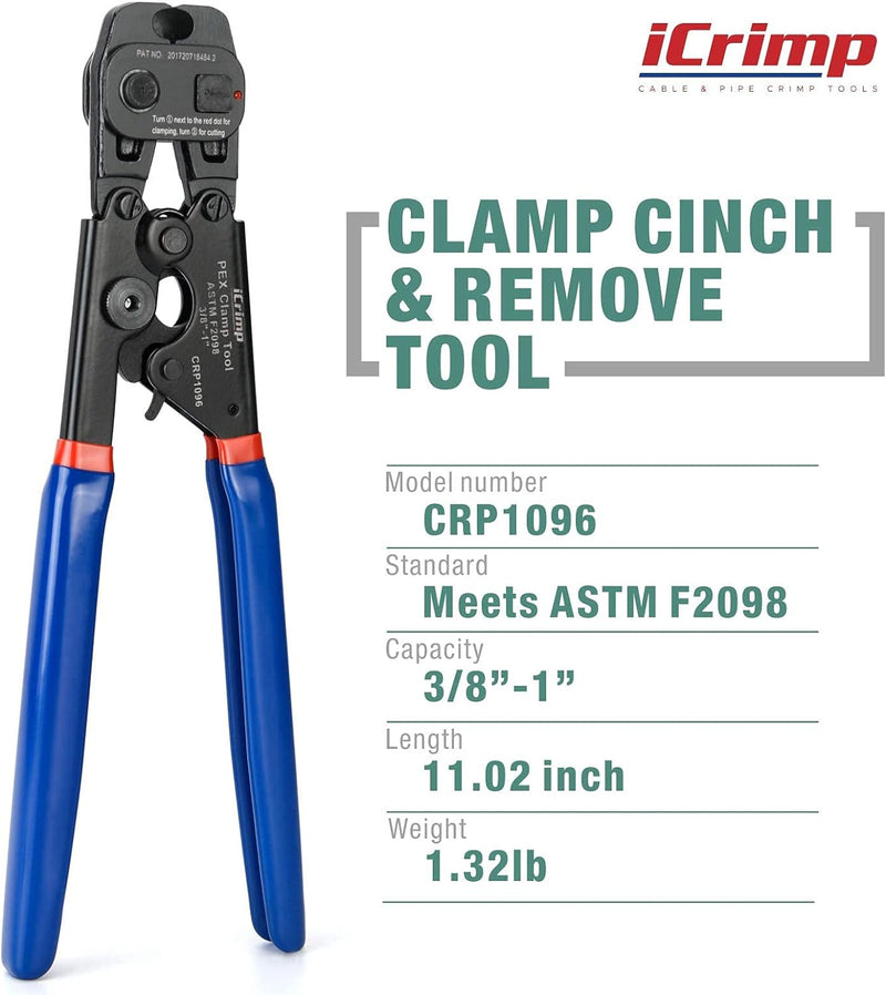 CRP-1096 ASTM2098 Ratchet PEX stainless steel Clamp Cinch&Remove Tool for 3/8 to 1-inch PEX Pipe Tools iCrimp