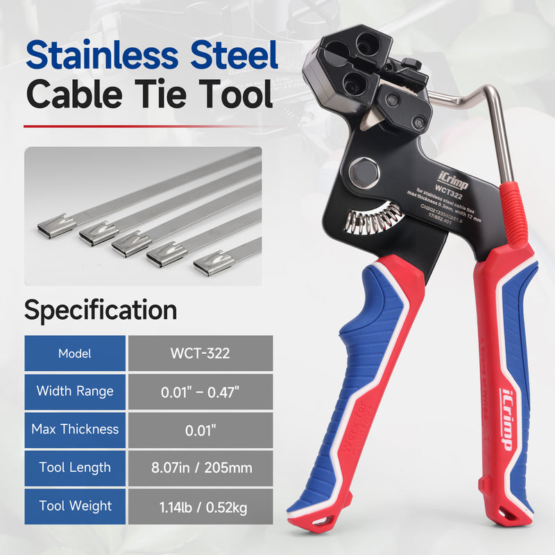 WCT322 Stainless Steel Cable Tie Gun Wrap Tool Metal Zip Tie Tightener Tensioning & Cutting Functional Cable Tie Gun c/w Free Zip Tie Release Tool