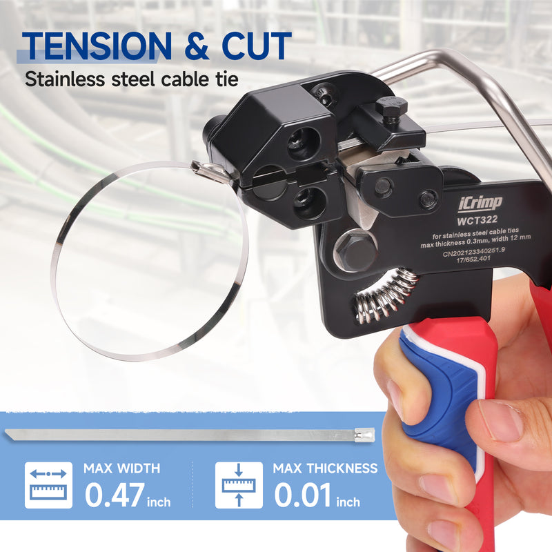 WCT322 Stainless Steel Cable Tie Gun Wrap Tool Metal Zip Tie Tightener Tensioning & Cutting Functional Cable Tie Gun c/w Free Zip Tie Release Tool
