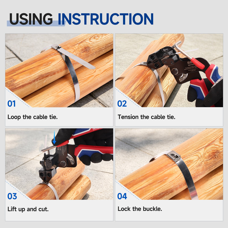 WCT322 Stainless Steel Cable Tie Gun Wrap Tool Metal Zip Tie Tightener Tensioning & Cutting Functional Cable Tie Gun c/w Free Zip Tie Release Tool