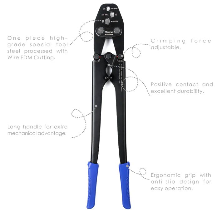 IWS-25500A Battery Lugs and Open Barrel Connectors Crimping Tools with capacity of 250A~500A Hand Crimping Pliers Iwiss Tools