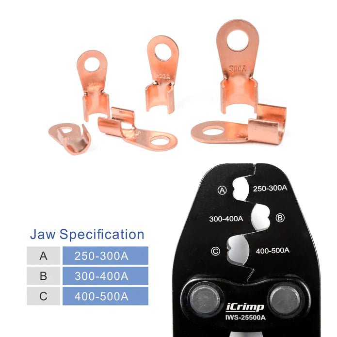 IWS-25500A Battery Lugs and Open Barrel Connectors Crimping Tools with capacity of 250A~500A Hand Crimping Pliers Iwiss Tools