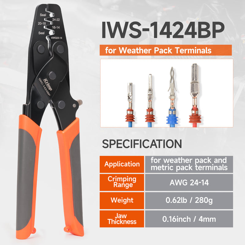 IWC-1424BP Ratchet Weather Pack Sealed Connector Crimping Tool, Wire Crimper for AWG24-14 Waterproof Terminals with Locking Feature
