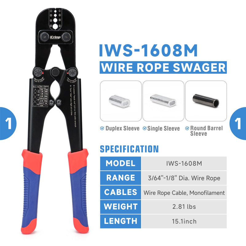 ICP-1608MTK Wire Rope Crimping Tool Kit with Wire Rope Swager, Wire Rope Cutter and Aluminum Loop Sleeves 3/64'',1/16'',5/64'', 3/32'',7/64'',1/8'' Wire Rope Swaging Tools iCrimp