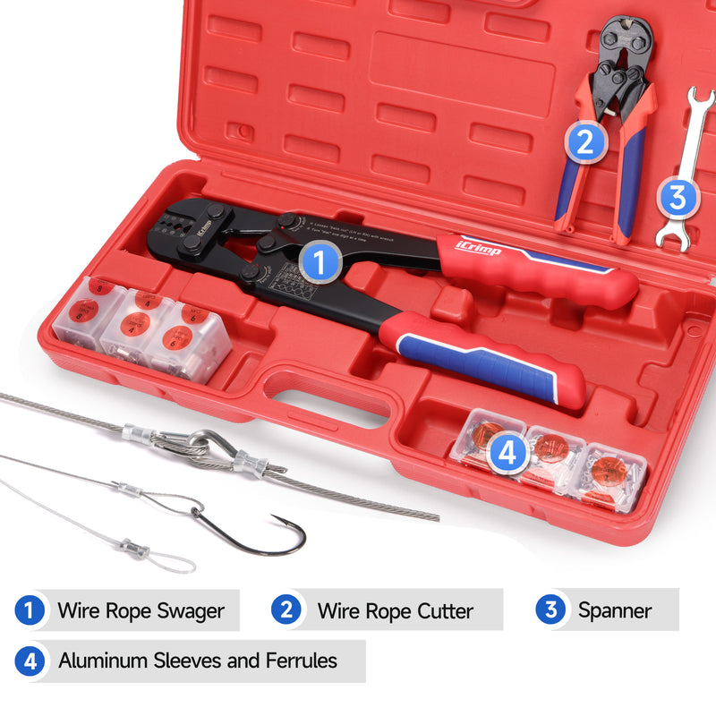 IWS-1608CWR Wire Rope Crimping Tool Kit with Wire Rope Cutter and 375pcs Sleeve Kit, Fishing Crimping Tool IWS-1608M & CWR-35, Set in Box