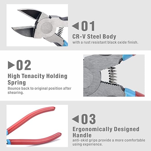 PL2100/PL2200 Diagonal Flush Cutter, Side Cutting Pliers, Electronics Pliers with Pointed Nose for Reeled Terminals, Soft Wires, Electronics, Zip Tes