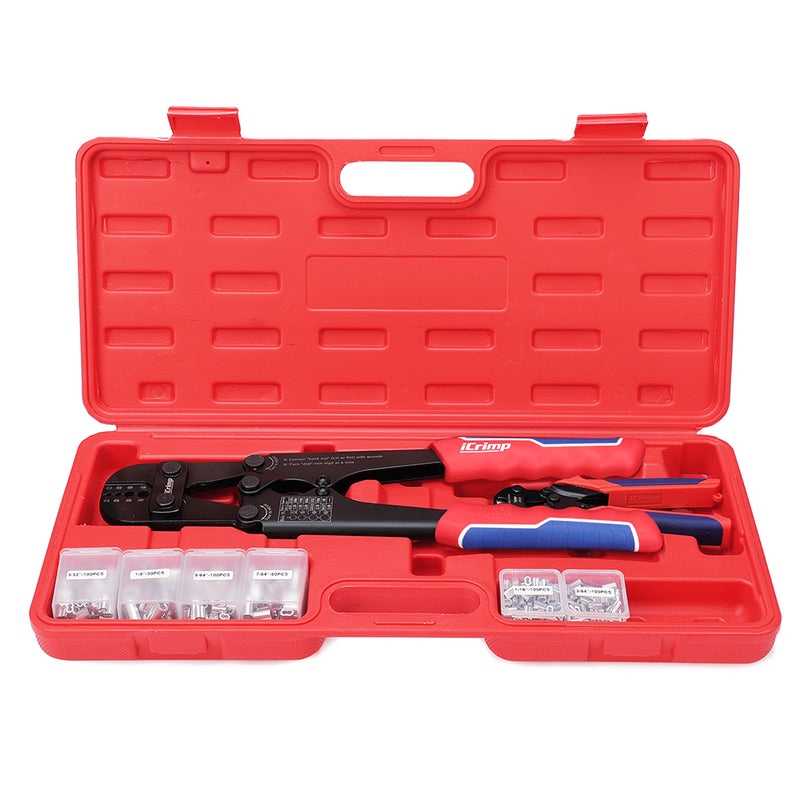 ICP-1608MTK Wire Rope Crimping Tool Kit with Wire Rope Swager, Wire Rope Cutter and Aluminum Loop Sleeves 3/64'',1/16'',5/64'', 3/32'',7/64'',1/8''
