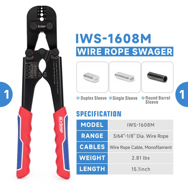 ICP-1608MTK Wire Rope Crimping Tool Kit with Wire Rope Swager, Wire Rope Cutter and Aluminum Loop Sleeves 3/64'',1/16'',5/64'', 3/32'',7/64'',1/8''