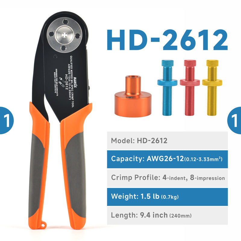 HD-2612 Deutsch Crimping Tool with Mountable Locator, for Solid Contacts(Size 12, 16, 20) Deutsch DT, DTM, DTP Connectors, Amphenol AT Pins Hand Crimping Pliers iCrimp