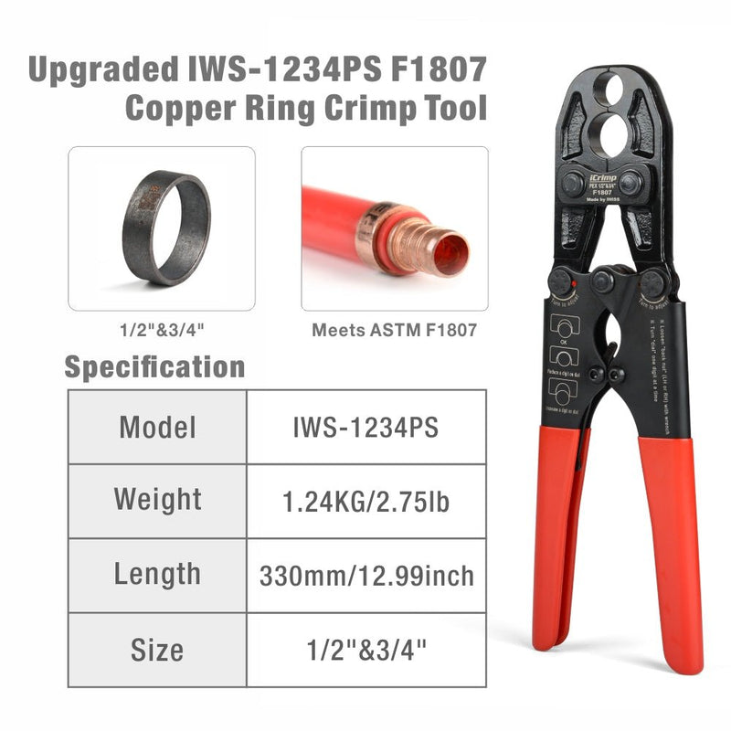 IWS-1234PSK Tool Set ASTM F1807 1/2 and 3/4-inch Dual PEX Crimper w/Copper Rings,PEX Cutter and Gauge PEX Pipe Tools iCrimp
