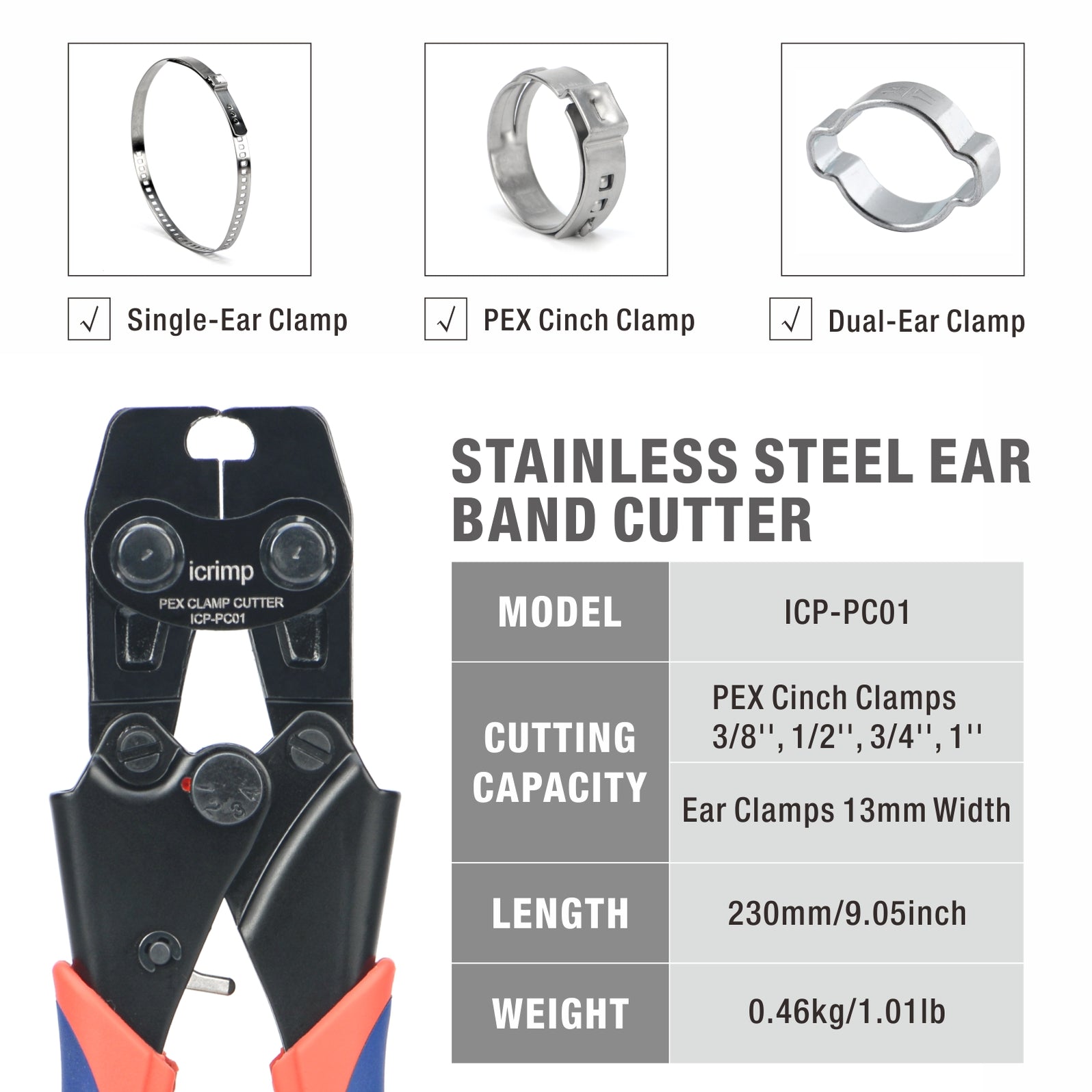 ICPPC01 PEX Cinch Clamp Removal Tool for Removing 3/8in, 1/2in, 3/4