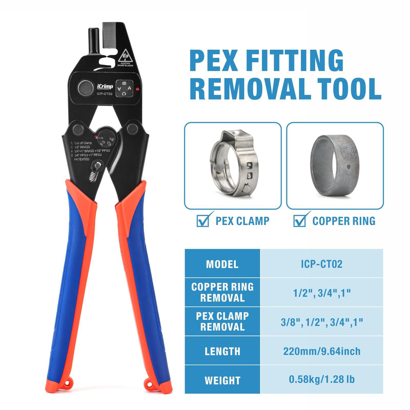 ICP-CT02 PEX Removal Tool for 1/2-in, 3/4-in, 1-in PEX Copper Crimp Rings & Stainless Steel Clamps PEX Pipe Tools iCrimp