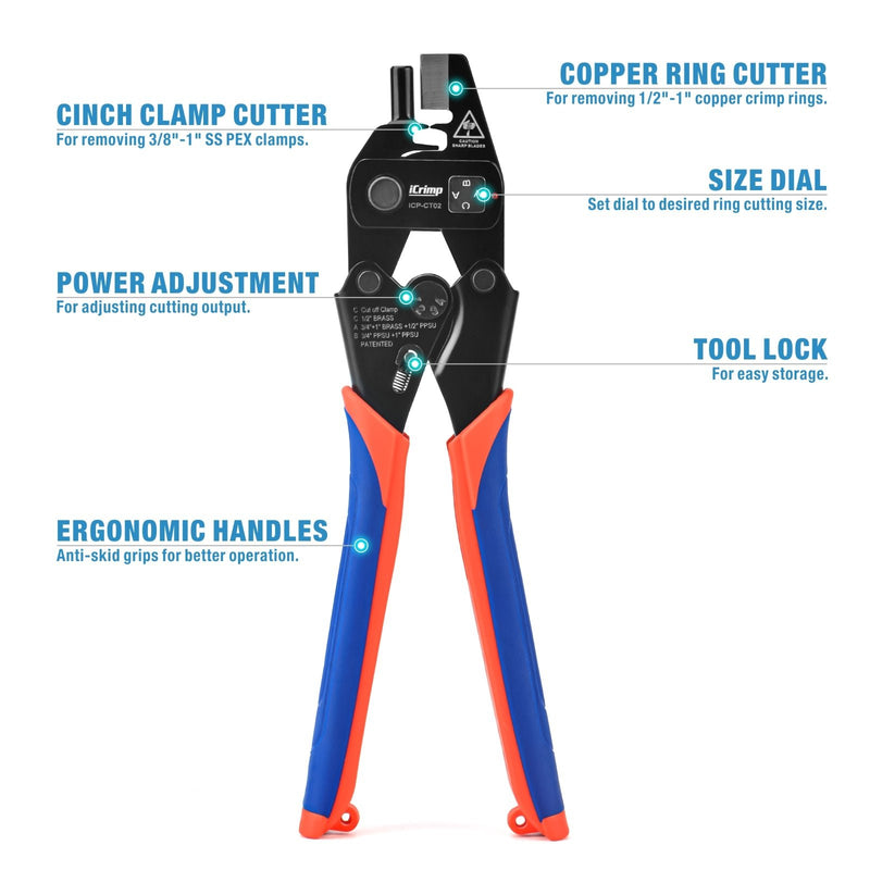 ICP-CT02 PEX Removal Tool for 1/2-in, 3/4-in, 1-in PEX Copper Crimp Rings & Stainless Steel Clamps PEX Pipe Tools iCrimp