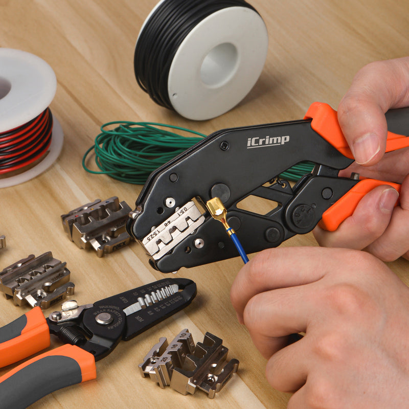 IWS-QC KIT Rachet Crimping Tool Set, Quick Change Jaws for Open Barrel Terminals, Insulated& Non-insulated Terminals, Solar Terminals, End Sleeves Ferrules- 8PCS included Hand Crimping Pliers iCrimp