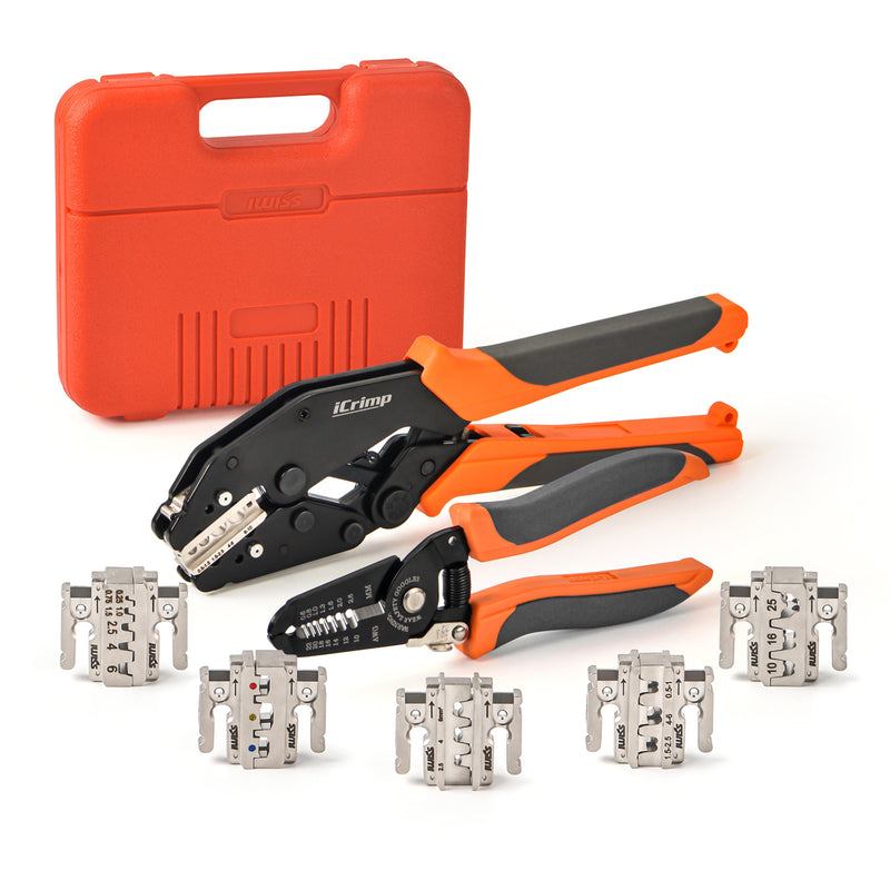 IWS-QC KIT Rachet Crimping Tool Set, Quick Change Jaws for Open Barrel Terminals, Insulated& Non-insulated Terminals, Solar Terminals, End Sleeves Ferrules- 8PCS included Hand Crimping Pliers iCrimp