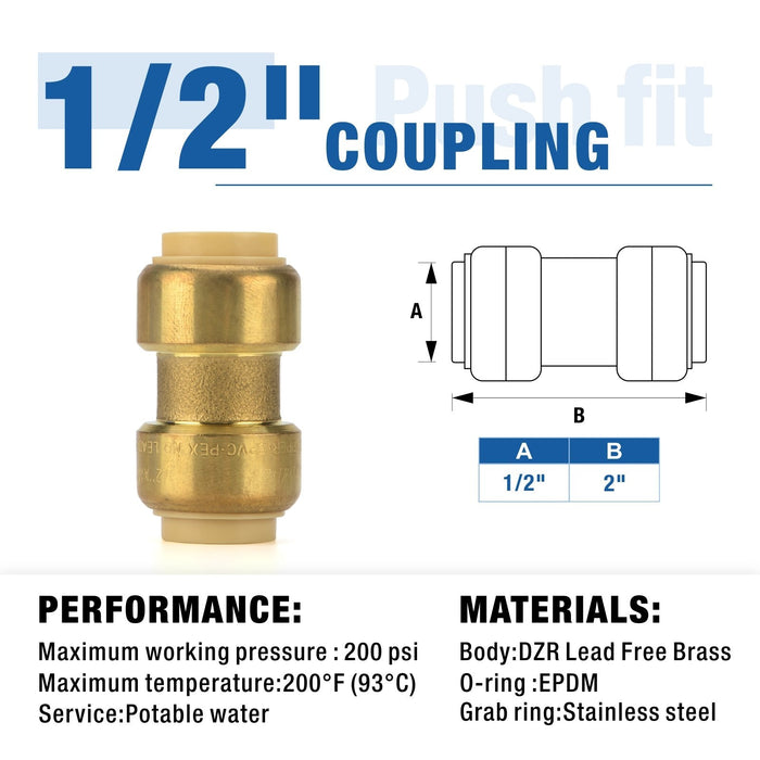1/2 in. Push-to-Connect Plumbing Fittings, PushFit Straight Coupling, Brass Fittings for Copper, PEX, CPVC- 10pcs