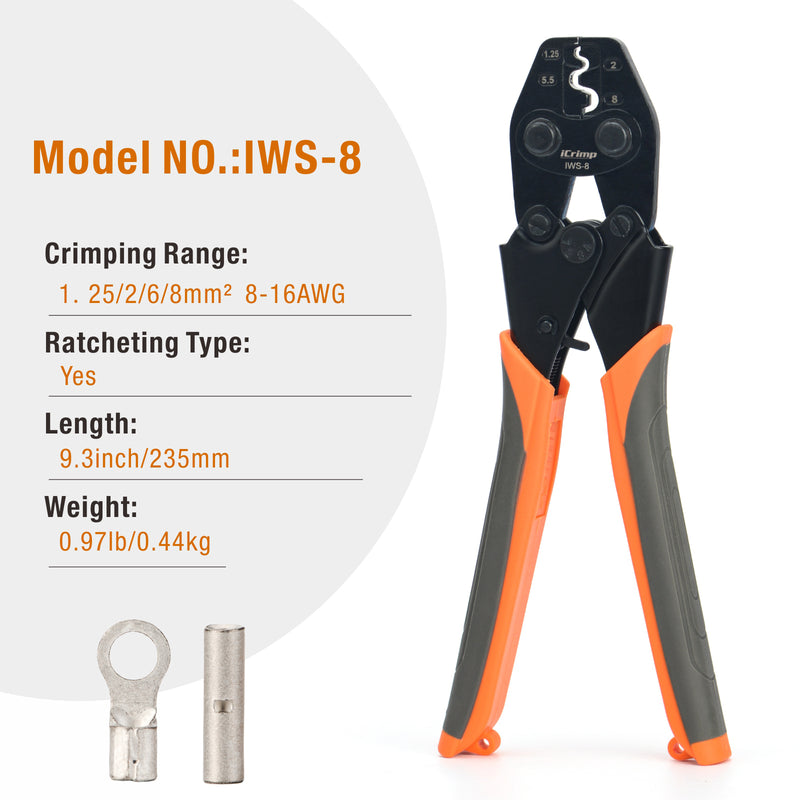 IWS-8 Ratchet Crimping Tool for Non-Insulated Terminals from AWG 16-8 Hand Crimping Pliers iCrimp