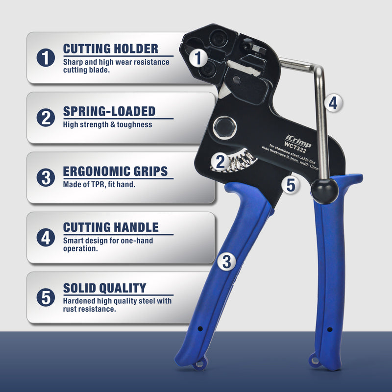 WCT322 Stainless Steel Cable Tie Gun Wrap Tool Metal Zip Tie Tightener Tensioning & Cutting Functional Cable Tie Gun c/w Free Zip Tie Release Tool Cable Tie Guns iCrimp