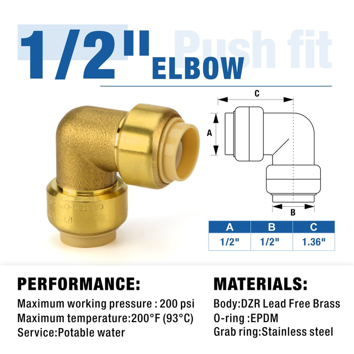1/2 in. Push-to-Connect Plumbing Fittings, PushFit Elbow, Brass Fittings for Copper, PEX, CPVC- 5pcs