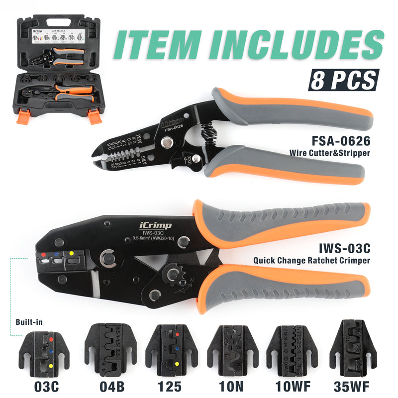 KIT-0535 HS series Quick Exchange Jaw Ratcheting Crimping Tool Set 8 PCS Hand Crimping Pliers iCrimp