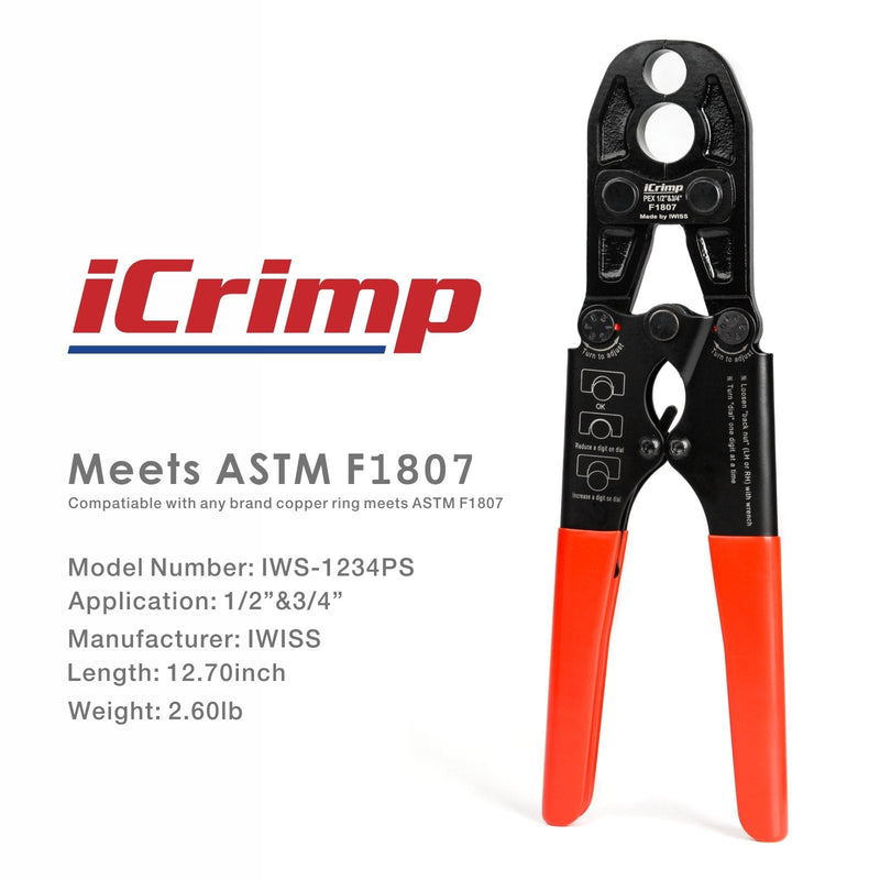 IWS-1234PSK Tool Set ASTM F1807 1/2 and 3/4-inch Dual PEX Crimper w/Copper Rings,PEX Cutter and Gauge PEX Pipe Tools iCrimp
