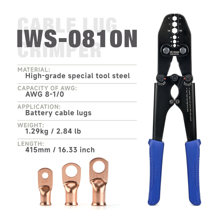 iCrimp Battery Cable Lug Crimping Tool for AWG 8-1/0 Copper Battery Lugs, Heavy-Duty Wire Ends