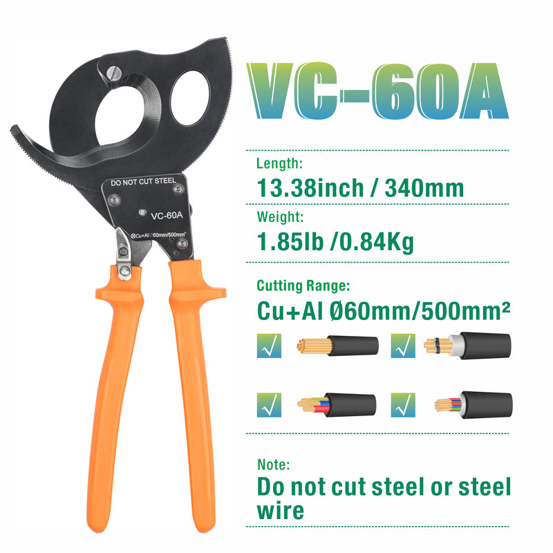 VC-60A Copper&Aluminum Cable Cutter Up To 500mm²/dia 60mm Wire Stripper & Cable Cutter iCrimp